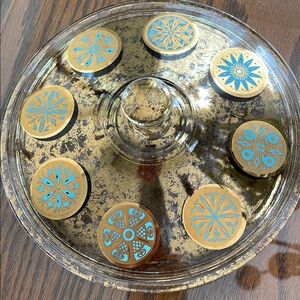 Vintage Fire King Glass Lid (only) with Gold and Blue Design MCM 1962